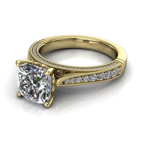 Maeve cushion classic engagement ring in 14K Yellow Gold, three-quarter perspective showing the solitaire center diamond raised above a milgrain-edged pav&eacute; shank
