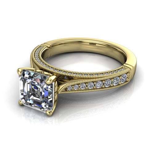 Maeve asscher classic engagement ring in 18K Yellow Gold, three-quarter perspective showing the solitaire center diamond raised above a milgrain-edged pav&eacute; shank