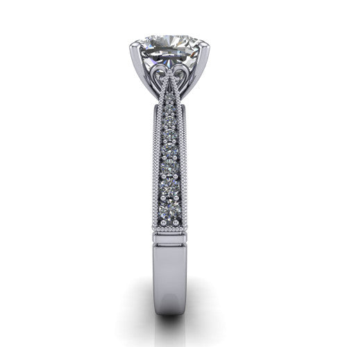 Maeve cushion classic engagement ring in Platinum, side profile showing the milgrain edges and the round diamonds running down the shank