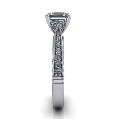 Maeve asscher classic engagement ring in 18K White Gold, side profile showing the milgrain edges and the round diamonds running down the shank