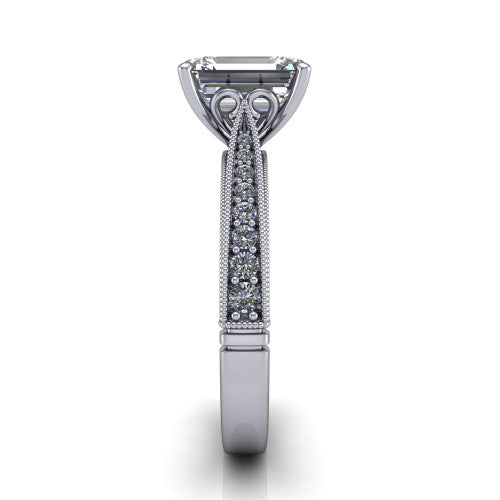 Maeve emerald classic engagement ring in 14K White Gold, side profile showing the milgrain edges and the round diamonds running down the shank