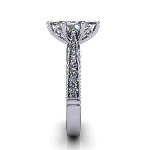 Maeve marquise classic engagement ring in 14K White Gold, side profile showing the milgrain edges and the round diamonds running down the shank
