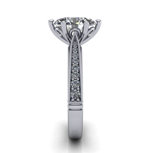 Maeve oval classic engagement ring in Platinum, side profile showing the milgrain edges and the round diamonds running down the shank
