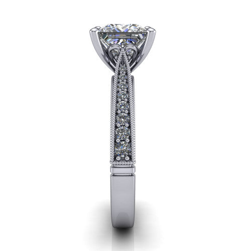 Maeve princess classic engagement ring in Platinum, side profile showing the milgrain edges and the round diamonds running down the shank
