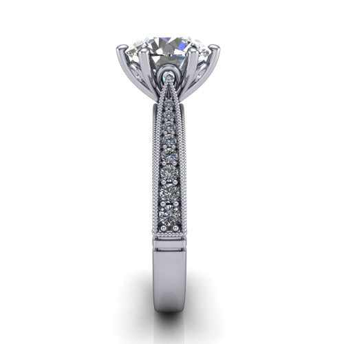 Maeve round classic engagement ring in 14K White Gold, side profile showing the milgrain edges and the round diamonds running down the shank