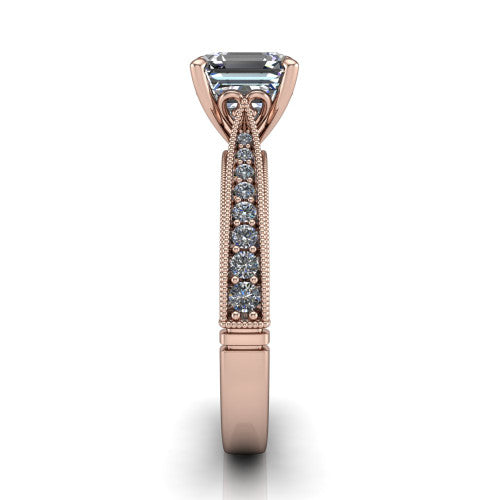 Maeve asscher classic engagement ring in 18K Rose Gold, side profile showing the milgrain edges and the round diamonds running down the shank