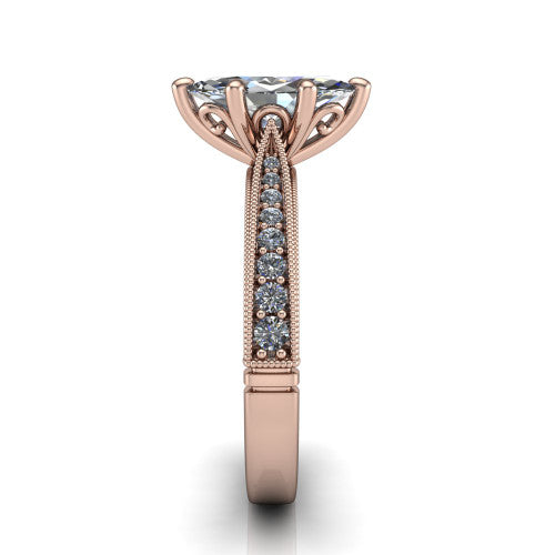 Maeve marquise classic engagement ring in 14K Rose Gold, side profile showing the milgrain edges and the round diamonds running down the shank