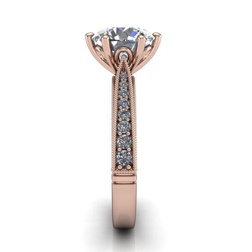 Maeve round classic engagement ring in 14K Rose Gold, side profile showing the milgrain edges and the round diamonds running down the shank