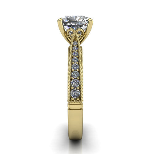 Maeve cushion classic engagement ring in 18K Yellow Gold, side profile showing the milgrain edges and the round diamonds running down the shank