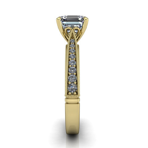 Maeve asscher classic engagement ring in 14K Yellow Gold, side profile showing the milgrain edges and the round diamonds running down the shank