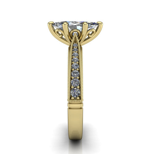 Maeve marquise classic engagement ring in 18K Yellow Gold, side profile showing the milgrain edges and the round diamonds running down the shank