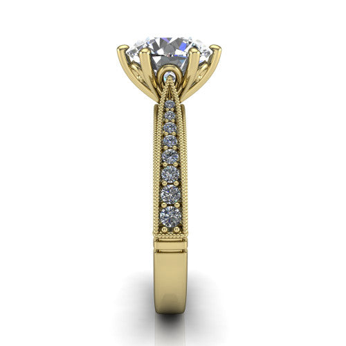 Maeve round classic engagement ring in 14K Yellow Gold, side profile showing the milgrain edges and the round diamonds running down the shank