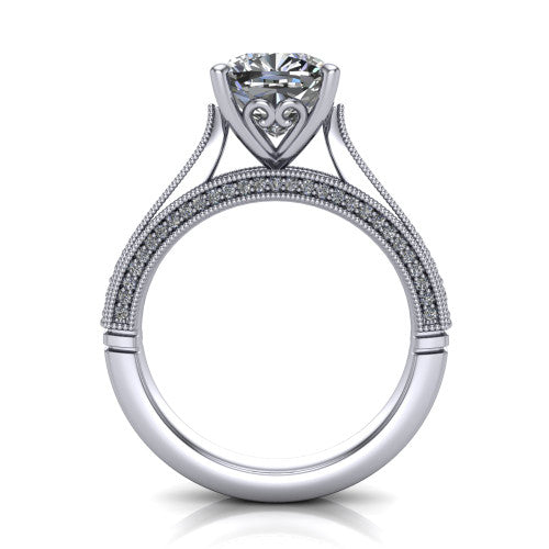 Maeve cushion classic engagement ring in 14K White Gold, through-finger front profile showing the solitaire head raised above the milgrain pav&eacute; band