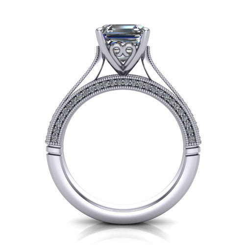 Maeve asscher classic engagement ring in Platinum, through-finger front profile showing the solitaire head raised above the milgrain pav&eacute; band