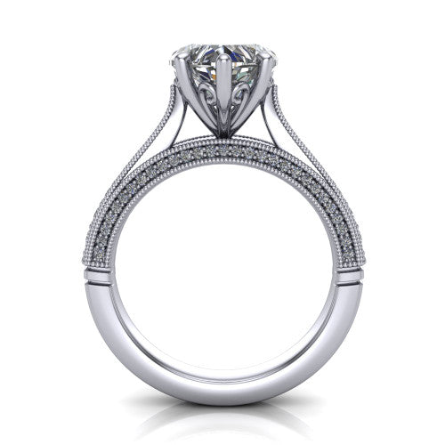 Maeve heart classic engagement ring in 18K White Gold, through-finger front profile showing the solitaire head raised above the milgrain pav&eacute; band