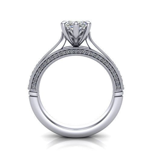 Maeve marquise classic engagement ring in 18K White Gold, through-finger front profile showing the solitaire head raised above the milgrain pav&eacute; band