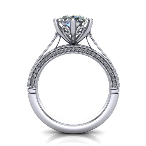 Maeve oval classic engagement ring in Platinum, through-finger front profile showing the solitaire head raised above the milgrain pav&eacute; band