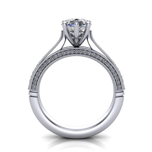 Maeve pear classic engagement ring in 14K White Gold, through-finger front profile showing the solitaire head raised above the milgrain pav&eacute; band