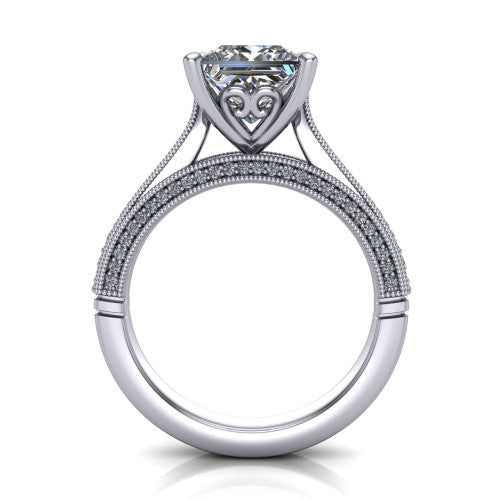Maeve princess classic engagement ring in Platinum, through-finger front profile showing the solitaire head raised above the milgrain pav&eacute; band
