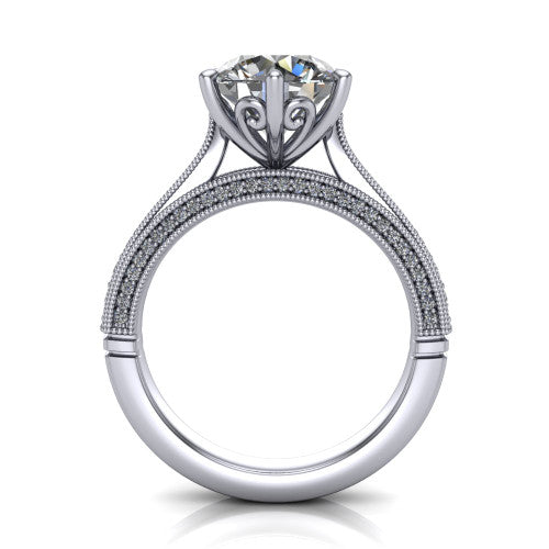Maeve round classic engagement ring in Platinum, through-finger front profile showing the solitaire head raised above the milgrain pav&eacute; band