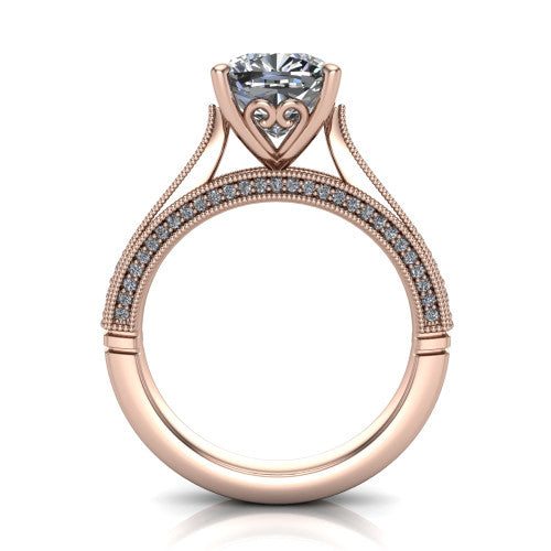 Maeve cushion classic engagement ring in 14K Rose Gold, through-finger front profile showing the solitaire head raised above the milgrain pav&eacute; band