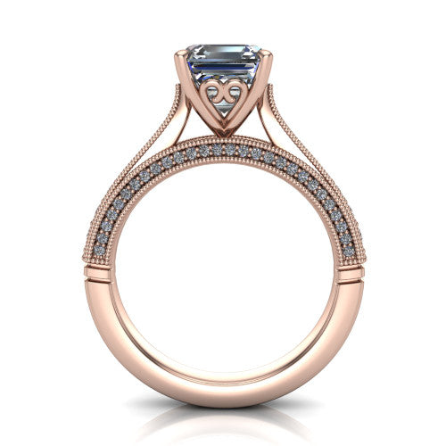 Maeve asscher classic engagement ring in 18K Rose Gold, through-finger front profile showing the solitaire head raised above the milgrain pav&eacute; band