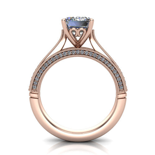 Maeve emerald classic engagement ring in 14K Rose Gold, through-finger front profile showing the solitaire head raised above the milgrain pav&eacute; band
