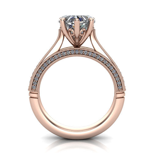 Maeve heart classic engagement ring in 14K Rose Gold, through-finger front profile showing the solitaire head raised above the milgrain pav&eacute; band