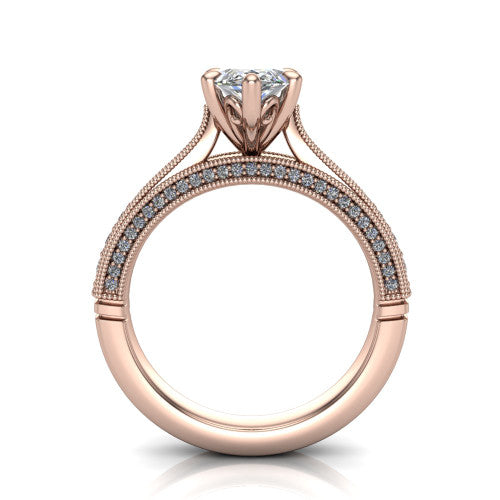 Maeve marquise classic engagement ring in 18K Rose Gold, through-finger front profile showing the solitaire head raised above the milgrain pav&eacute; band