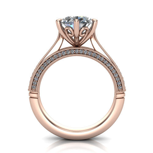 Maeve oval classic engagement ring in 14K Rose Gold, through-finger front profile showing the solitaire head raised above the milgrain pav&eacute; band
