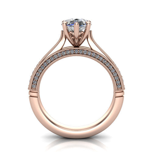 Maeve pear classic engagement ring in 14K Rose Gold, through-finger front profile showing the solitaire head raised above the milgrain pav&eacute; band