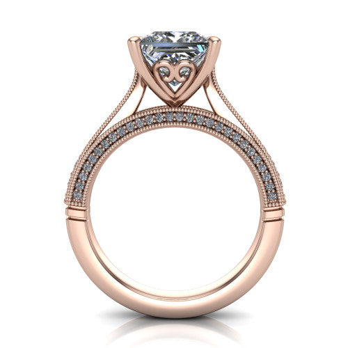 Maeve princess classic engagement ring in 14K Rose Gold, through-finger front profile showing the solitaire head raised above the milgrain pav&eacute; band