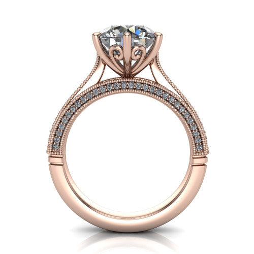 Maeve round classic engagement ring in 14K Rose Gold, through-finger front profile showing the solitaire head raised above the milgrain pav&eacute; band