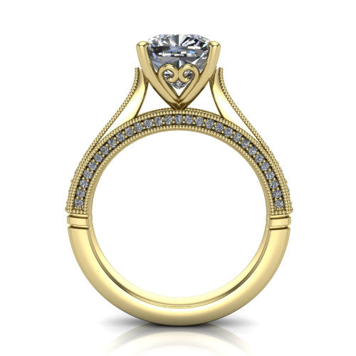 Maeve cushion classic engagement ring in 14K Yellow Gold, through-finger front profile showing the solitaire head raised above the milgrain pav&eacute; band