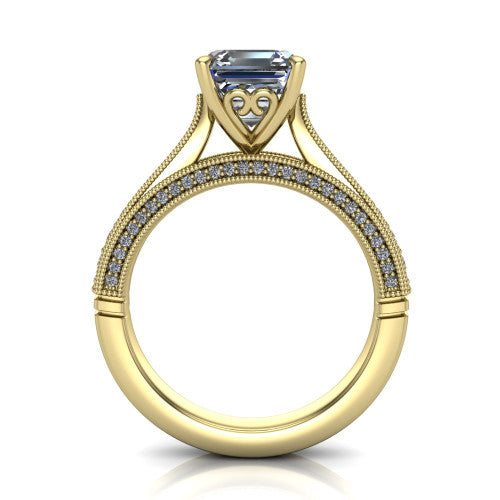 Maeve asscher classic engagement ring in 14K Yellow Gold, through-finger front profile showing the solitaire head raised above the milgrain pav&eacute; band
