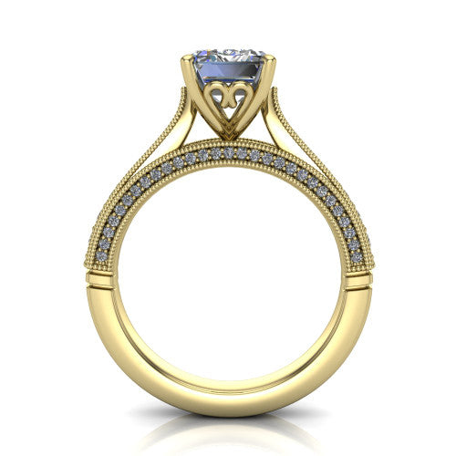Maeve emerald classic engagement ring in 18K Yellow Gold, through-finger front profile showing the solitaire head raised above the milgrain pav&eacute; band