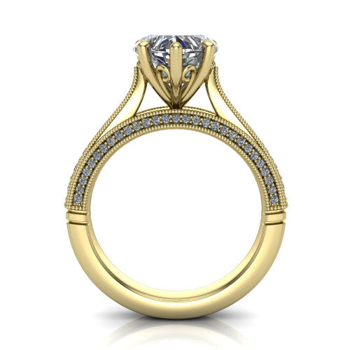 Maeve heart classic engagement ring in 18K Yellow Gold, through-finger front profile showing the solitaire head raised above the milgrain pav&eacute; band