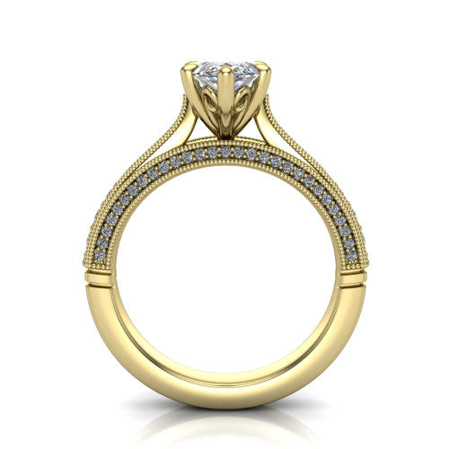 Maeve marquise classic engagement ring in 14K Yellow Gold, through-finger front profile showing the solitaire head raised above the milgrain pav&eacute; band