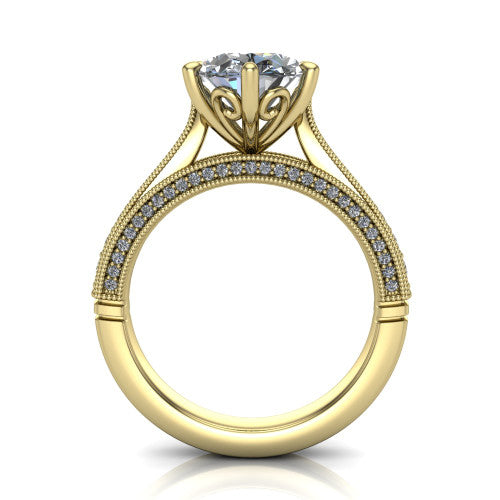 Maeve oval classic engagement ring in 14K Yellow Gold, through-finger front profile showing the solitaire head raised above the milgrain pav&eacute; band