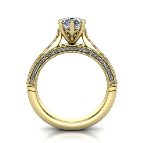 Maeve pear classic engagement ring in 14K Yellow Gold, through-finger front profile showing the solitaire head raised above the milgrain pav&eacute; band