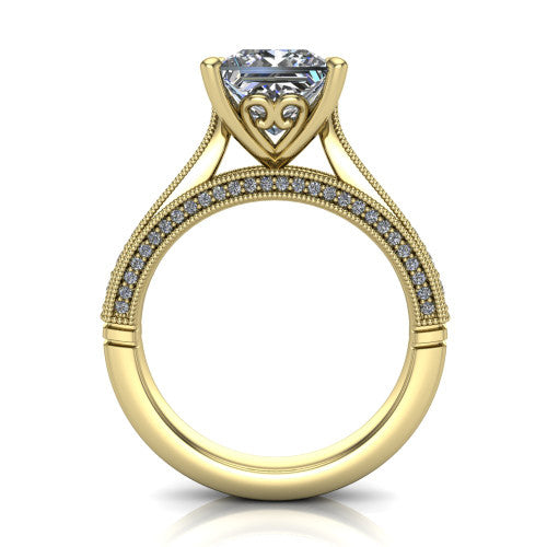 Maeve princess classic engagement ring in 18K Yellow Gold, through-finger front profile showing the solitaire head raised above the milgrain pav&eacute; band