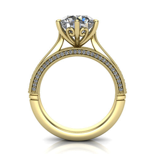 Maeve round classic engagement ring in 18K Yellow Gold, through-finger front profile showing the solitaire head raised above the milgrain pav&eacute; band