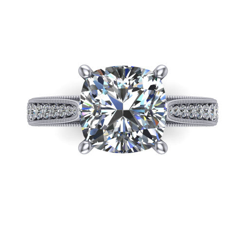 Maeve cushion classic engagement ring in Platinum, top-down view showing the prong-set center diamond over a diamond-set milgrain band