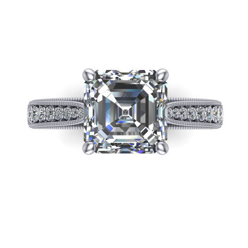 Maeve asscher classic engagement ring in 18K White Gold, top-down view showing the prong-set center diamond over a diamond-set milgrain band