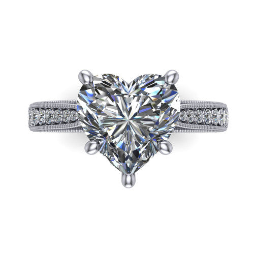 Maeve heart classic engagement ring in 14K White Gold, top-down view showing the prong-set center diamond over a diamond-set milgrain band