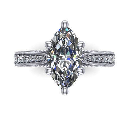 Maeve marquise classic engagement ring in 14K White Gold, top-down view showing the prong-set center diamond over a diamond-set milgrain band