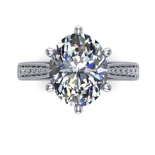 Maeve oval classic engagement ring in 14K White Gold, top-down view showing the prong-set center diamond over a diamond-set milgrain band