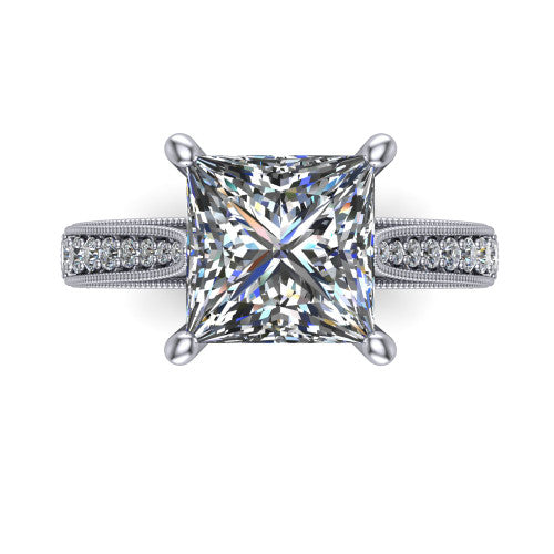 Maeve princess classic engagement ring in 18K White Gold, top-down view showing the prong-set center diamond over a diamond-set milgrain band