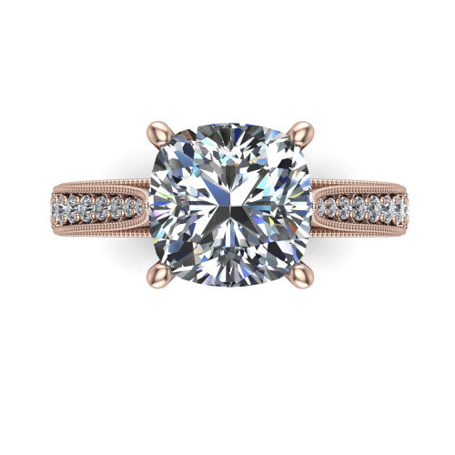 Maeve cushion classic engagement ring in 14K Rose Gold, top-down view showing the prong-set center diamond over a diamond-set milgrain band