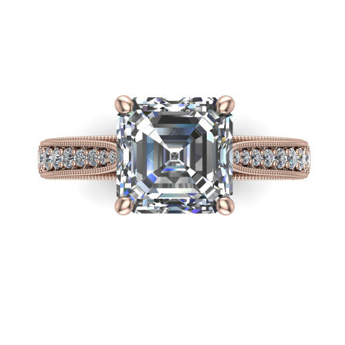 Maeve asscher classic engagement ring in 18K Rose Gold, top-down view showing the prong-set center diamond over a diamond-set milgrain band